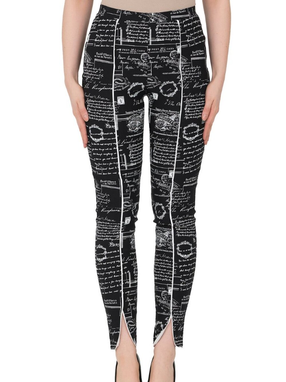 Joseph Ribkoff Parisian Script Print Black White Stretch Tailored Pants size 10